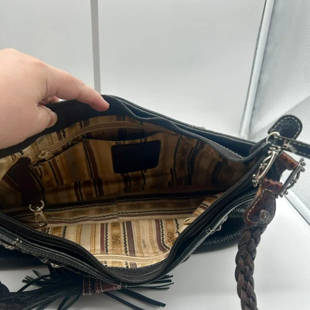 Brighton Leather Woven Tassel Shoulder Bag Black Brown Rectangle Pockets Zipper‎
